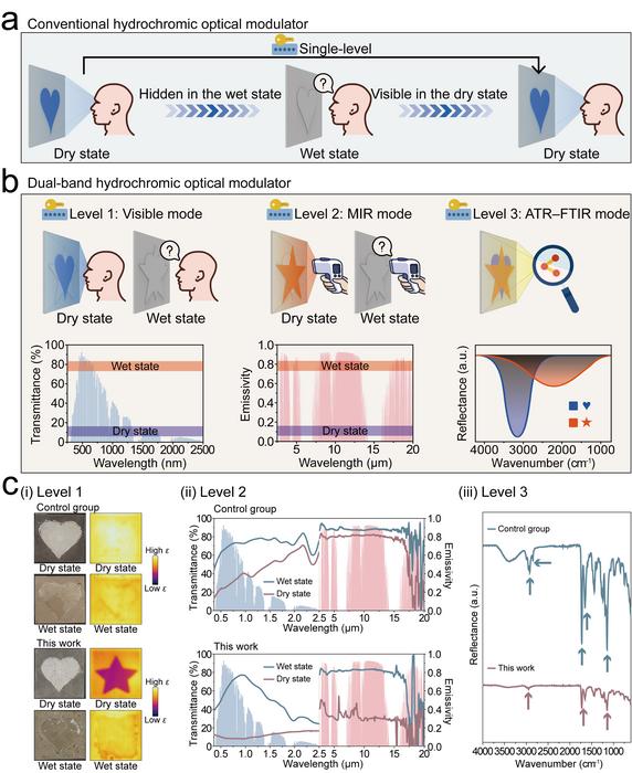 Figure | Dual-band hydrochromic optical modulator for multimodal anticounterfeiting and encryption.