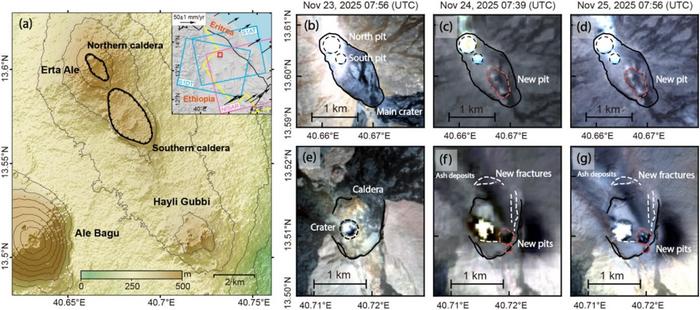 A comparison of pre- and post-eruption optical images shows two distinct new collapse pits, one situated within the crater and the other along its rim.