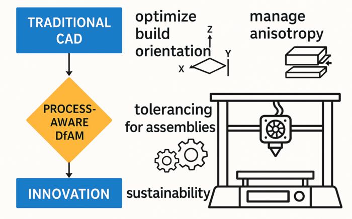 The graphical abstract illustrates the transition from traditional CAD to process-aware design for additive manufacturing, highlighting key DfAM factors such as build orientation, anisotropy, tolerancing, and sustainability in a unified workflow.
