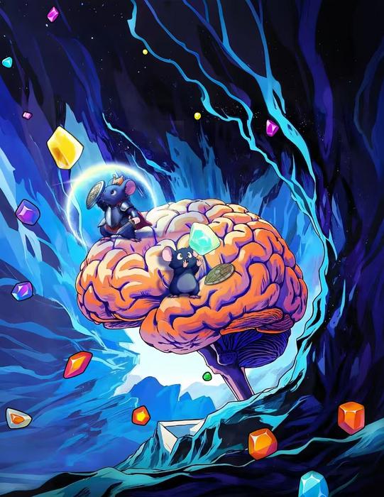 At the prefrontal cortex, a crowned mouse bearing a shield fends off the meth crystals, while at the nucleus accumbens another mouse drops its defenses to reach for them. Below, a yawning abyss warns of the deadly grip of addiction and dependence