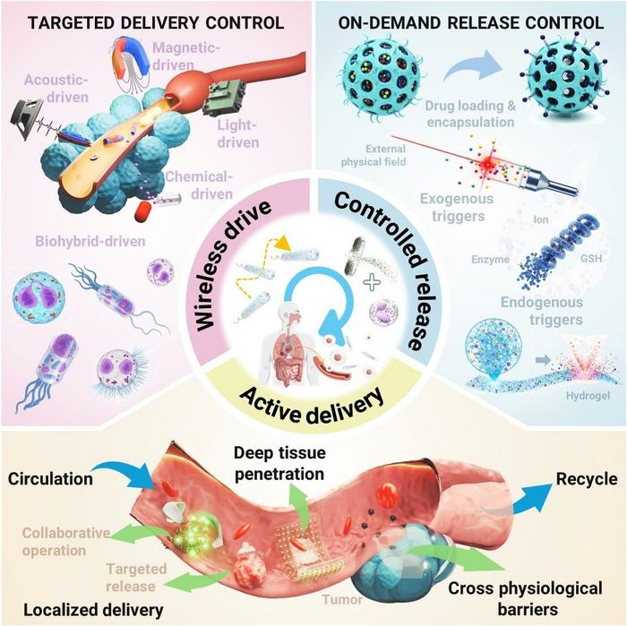 Overview of the autonomous micro/nanorobots system for spatiotemporally active therapeutic delivery and controlled release.