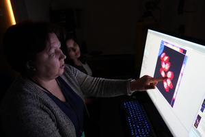 Elena Suvorova and Mrinalini Batra observing the detailed toxomplasma cells