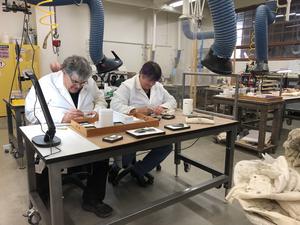 Dinosaur Institute volunteers Richard Hayes and Anne Baker-Hayes preparing Hayden Quarry Ghost Ranch fossils in NHMLAC’s Level 4 Fossil Lab