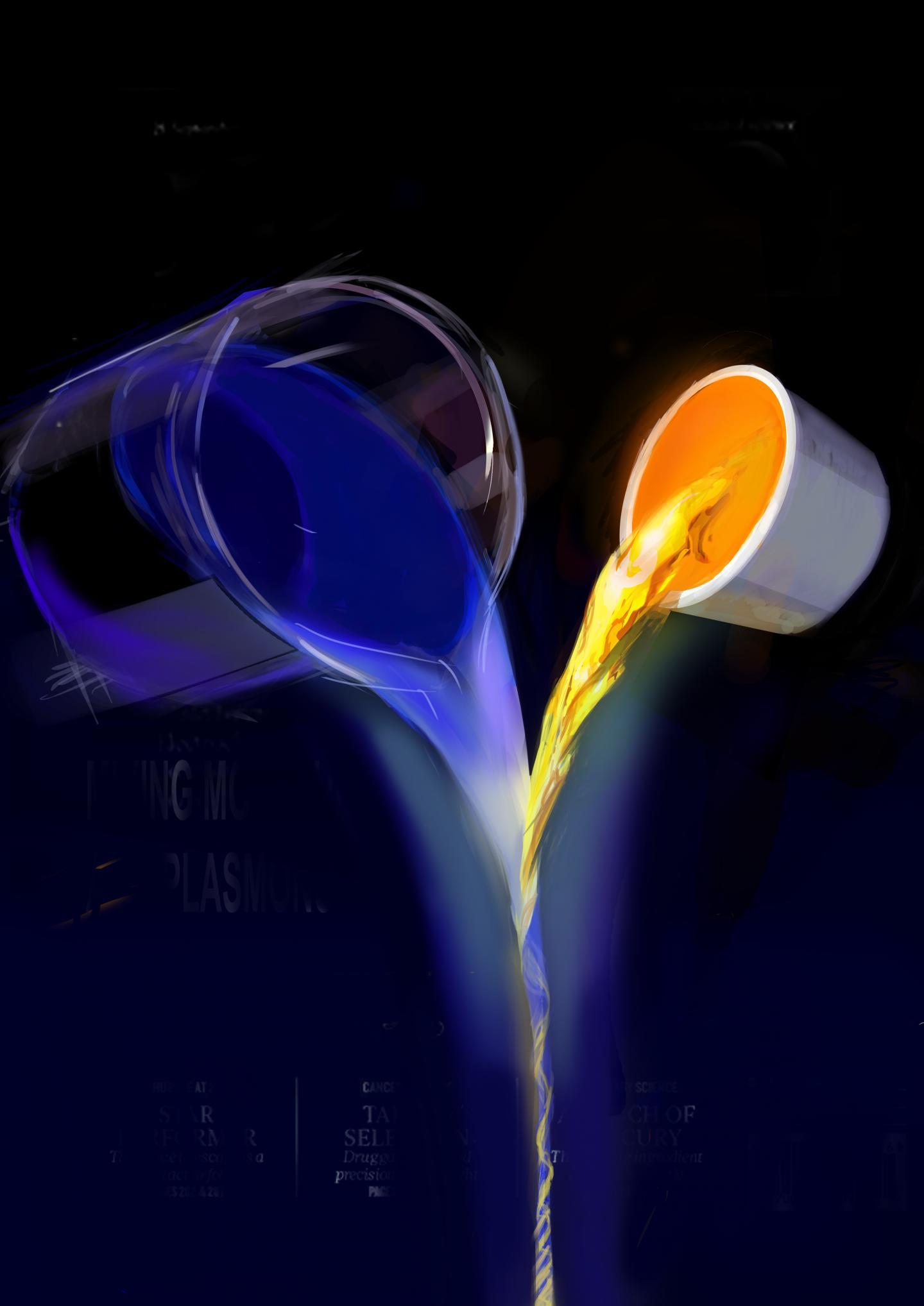 Mixing Light with Dye Molecules, Trapped in Golden Gaps