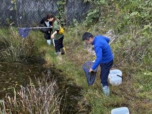 Minamoto conducts a biological survey at a reservoir in Kobe City with students in his lab
