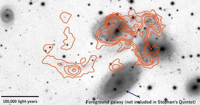 Optical image of Stephan’s Quintet galaxy group showing regions of abundant molecular gas