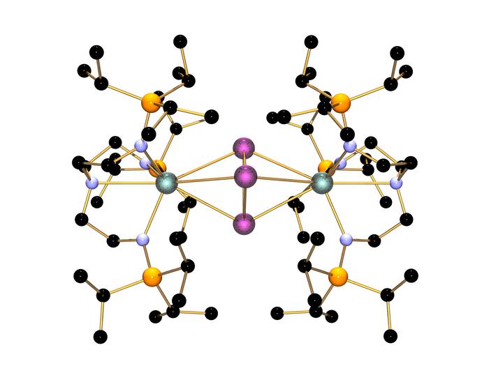 All-metal aromatic molecule: The illustration shows three bismuth atoms (purple) between two uranium atoms (green) in an inverse-sandwich complex. (Illustration: Stephen T. Liddle/University of Manchester)