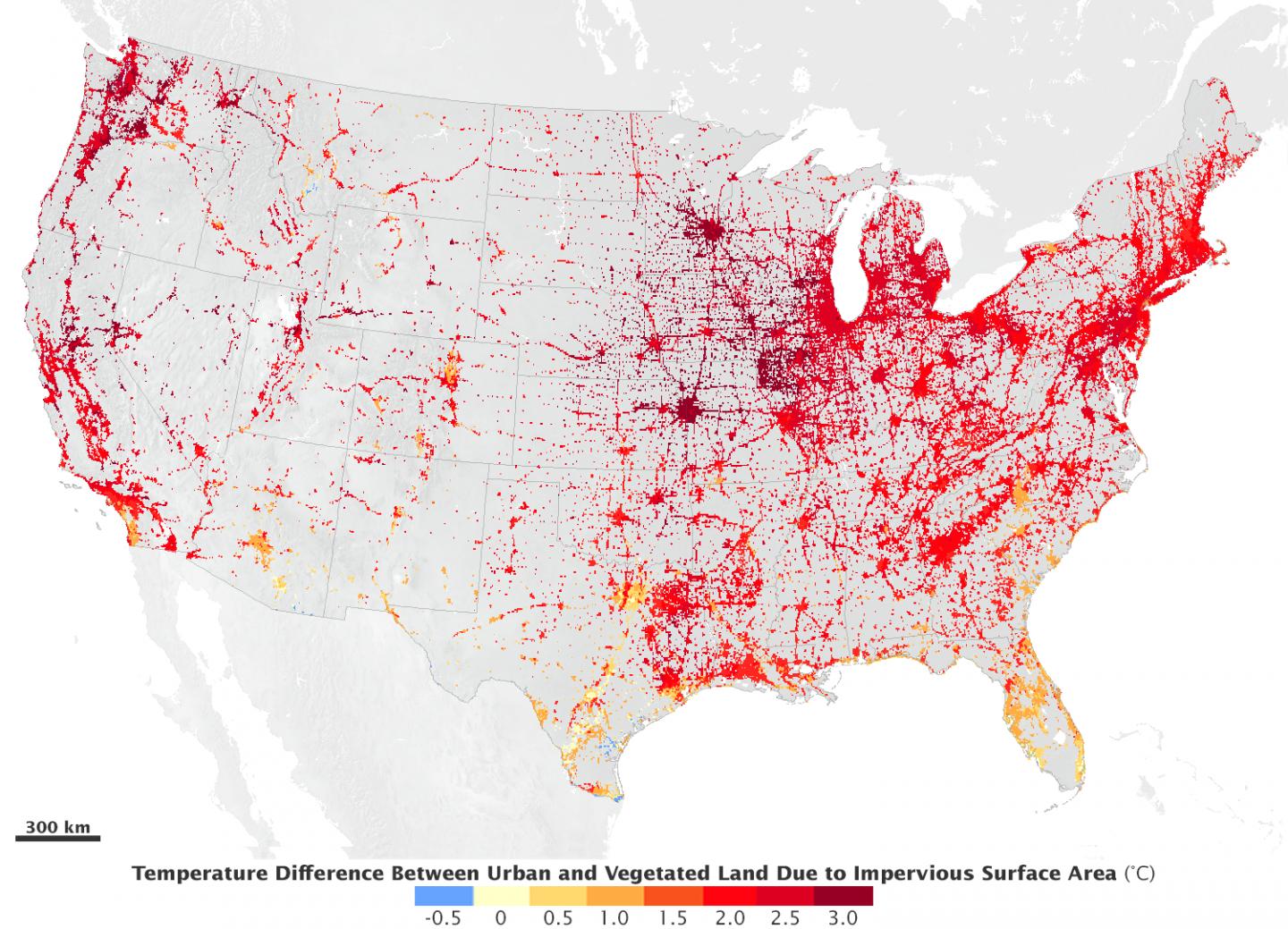 Temperature Difference between Urban Areas and Surrounding Vegetated Land