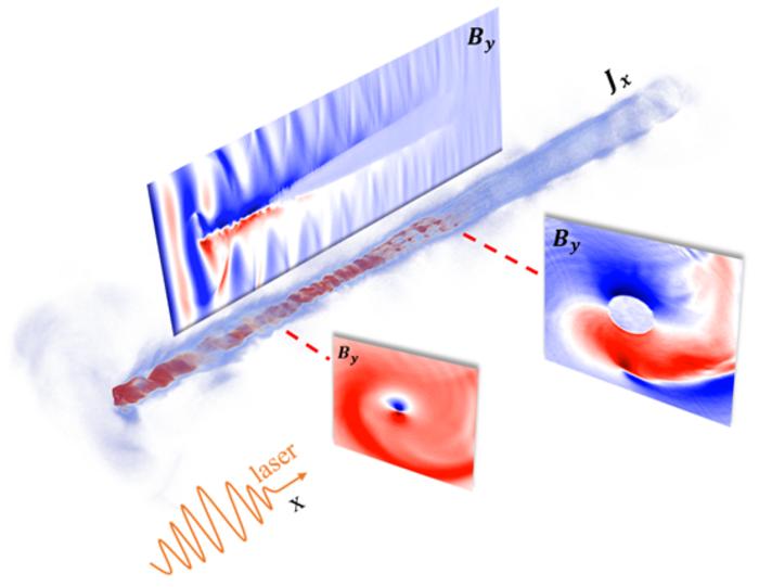 The 3-D current density and 2-D magnetic fields during the pinch simulation. In the 3D image, the red color represents positive current, while the blue color represents negative current. The 2D image illustrates the magnetic field.