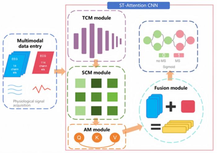 The passenger motion sickness binary classification model includes EEG and ECG inputs, EEG temporal and spatial convolution modules, multi-attention module, ECG feature extraction, fusion, and final binary classification.