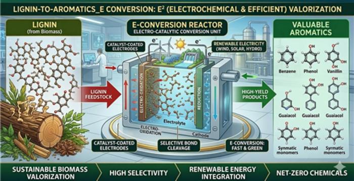 Conceptual illustration of useful product generation   from lignin using a renewable electricity-based e-biorefinery