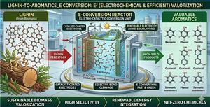 Conceptual illustration of useful product generation   from lignin using a renewable electricity-based e-biorefinery