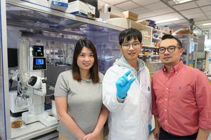 Dr. CHANG Xiao-Ming (center) holds his record-breaking perovskite solar cells with Prof. LIN Yen-Hung (right) and Dr. Fion YEUNG (left).