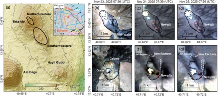 A comparison of pre- and post-eruption optical images shows two distinct new collapse pits, one situated within the crater and the other along its rim.
