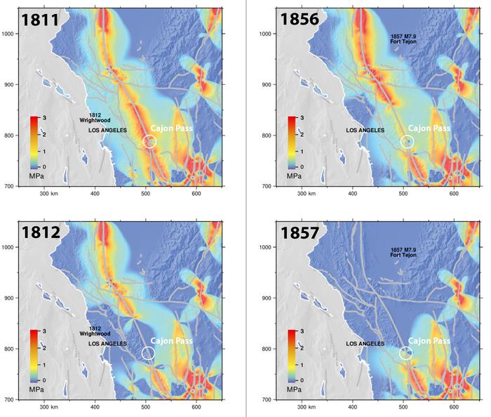 Coulomb stress accumulation of the southern San Andreas fault system.