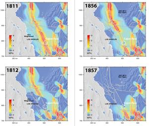 Coulomb stress accumulation of the southern San Andreas fault system.