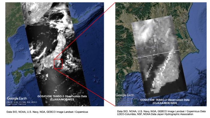 Observation images of TANSO-3 around Japan in Wide Mode (July 20, 2025) (left) and Tokyo in Focus Mode (July 17, 2025) (right)