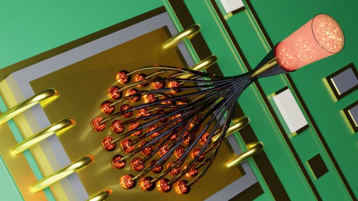 Depiction of microscale Photonic Lantern printed directly onto VCSEL chip