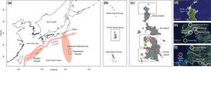 小笠原諸島の位置と、研究に使用した海水の採取地点を示した地図