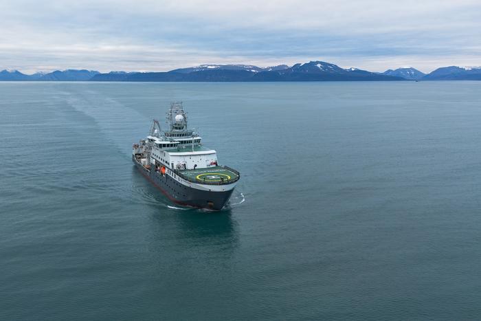 RV Kronprins Haakon leaving the Svalbard archipelago, heading North