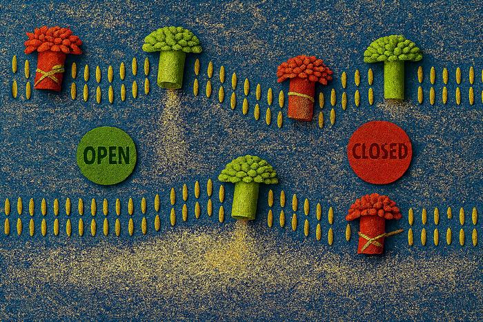 A represenation of a cell membrane (rice) with nanopores (broccoli) releasing ions (seeds).