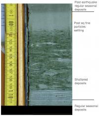 Earthquake-induced disruption of Dead Sea sediments observed in the drill core.