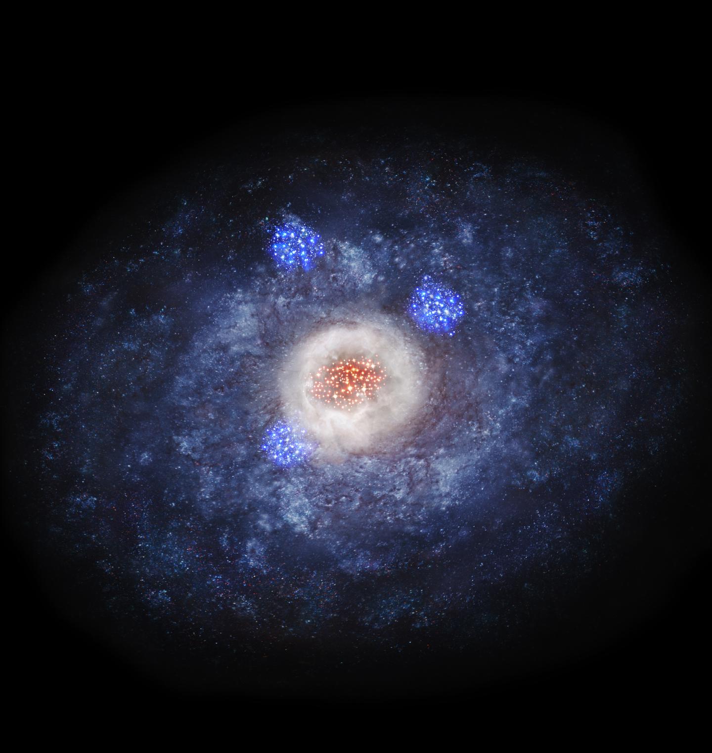 アルマ望遠鏡とハッブル宇宙望遠鏡で観測した110億光年かなたの銀河 の想像図