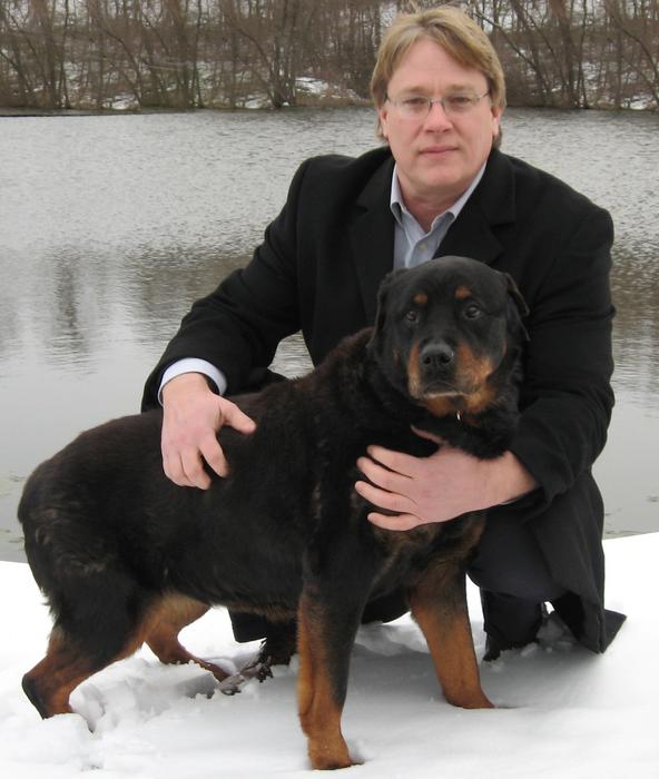 Dr. David J. Waters with "Two Lane," one of the oldest female Rottweilers living in North America
