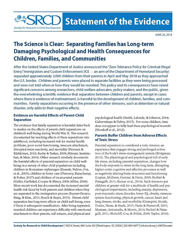 Separating Families has Long-term Damaging Psychological and Health Consequences for Children, Families, and Communities