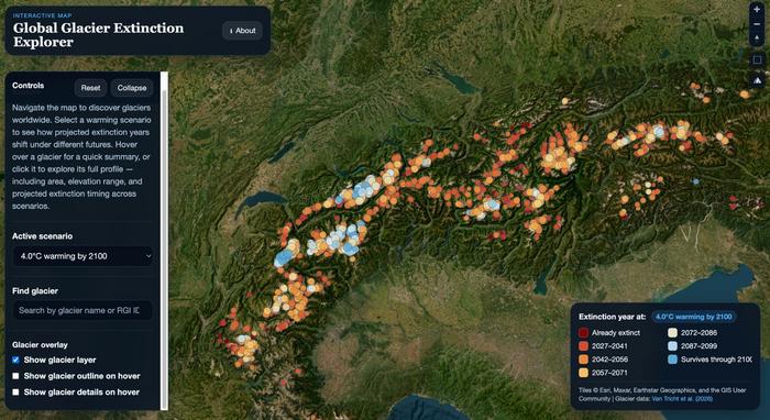 Preview of the interactive website, where each glacier worldwide is colour-coded according to its projected disappearance date under a selected global warming level.
