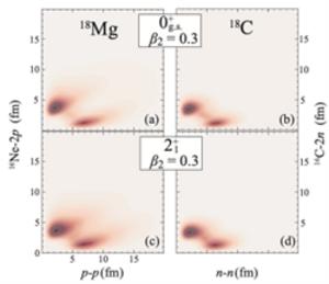 Density distributions predicted for the ground and first excited states of 18Mg (left) and 18C (right), respectively