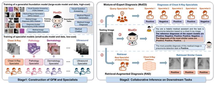 Overview of the GSCo framework. In the construction stage, the team builds MedDr, an open-source medical generalist model trained on a large-scale multi-modal medical corpus, alongside a suite of lightweight specialist models tailored to individual downst