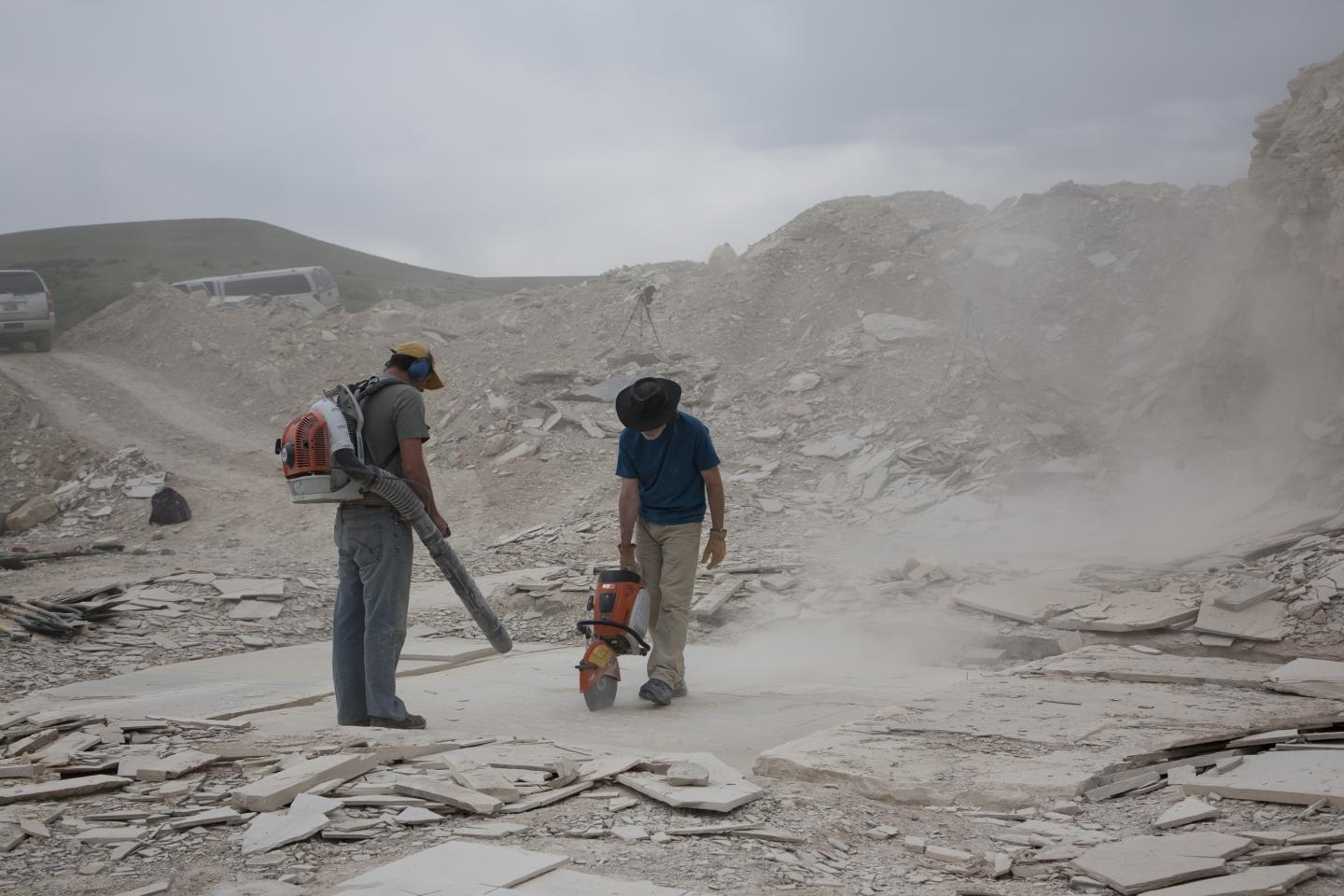 Cutting a Fossil Slab
