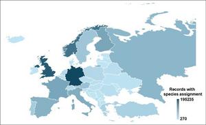 Heat map illustrating the heterogeneity in the number of available DNA barcode records with species assignment.