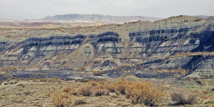 A shale cliff in the Junggar Basin in northwestern China, where scientists found ice-rafted pebbles amid otherwise fine-grained sediments