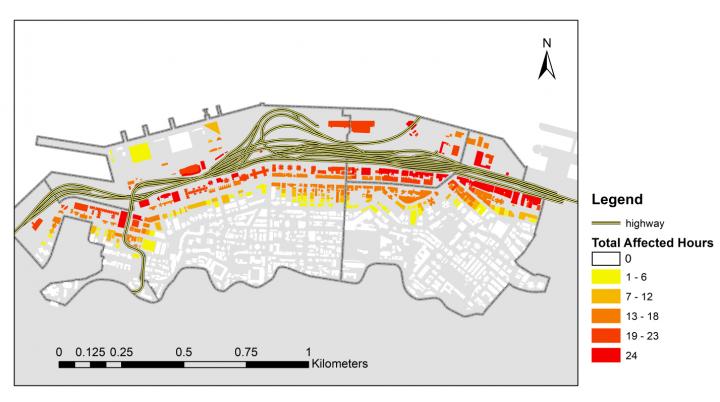 Spatial Distribution of the Total Affected Hours of the Buildings in Western District, Hong Kong