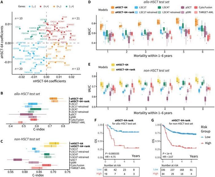 Development of the HSCT-64 model and its performance on internal test sets from the discovery cohorts.