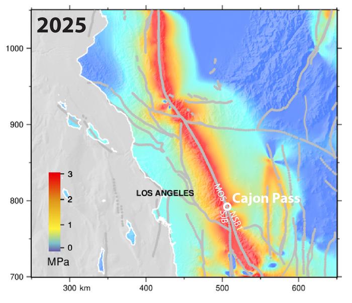Present-day (2025) modeled Coulomb stress accumulation of the southern San Andreas fault system in regional context