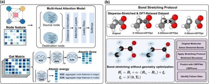 Schematic of CBPFNet. (a) Graph attention network used to learn atomic energies and forces from molecular graphs. (b) Bond-stretching protocol that generates strained configurations via a prescribed displacement rule and predicts bond peak forces without