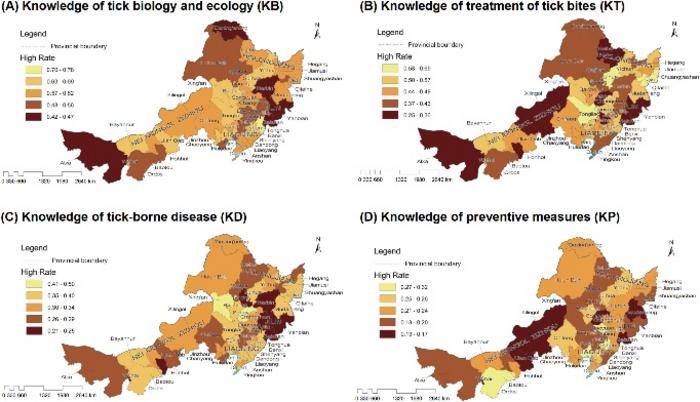 Spatial distribution of the rate of high-knowledge respondents on ticks and tick-borne diseases across surveyed regions in Northeast China and Nei Mongol Zizhiqu.