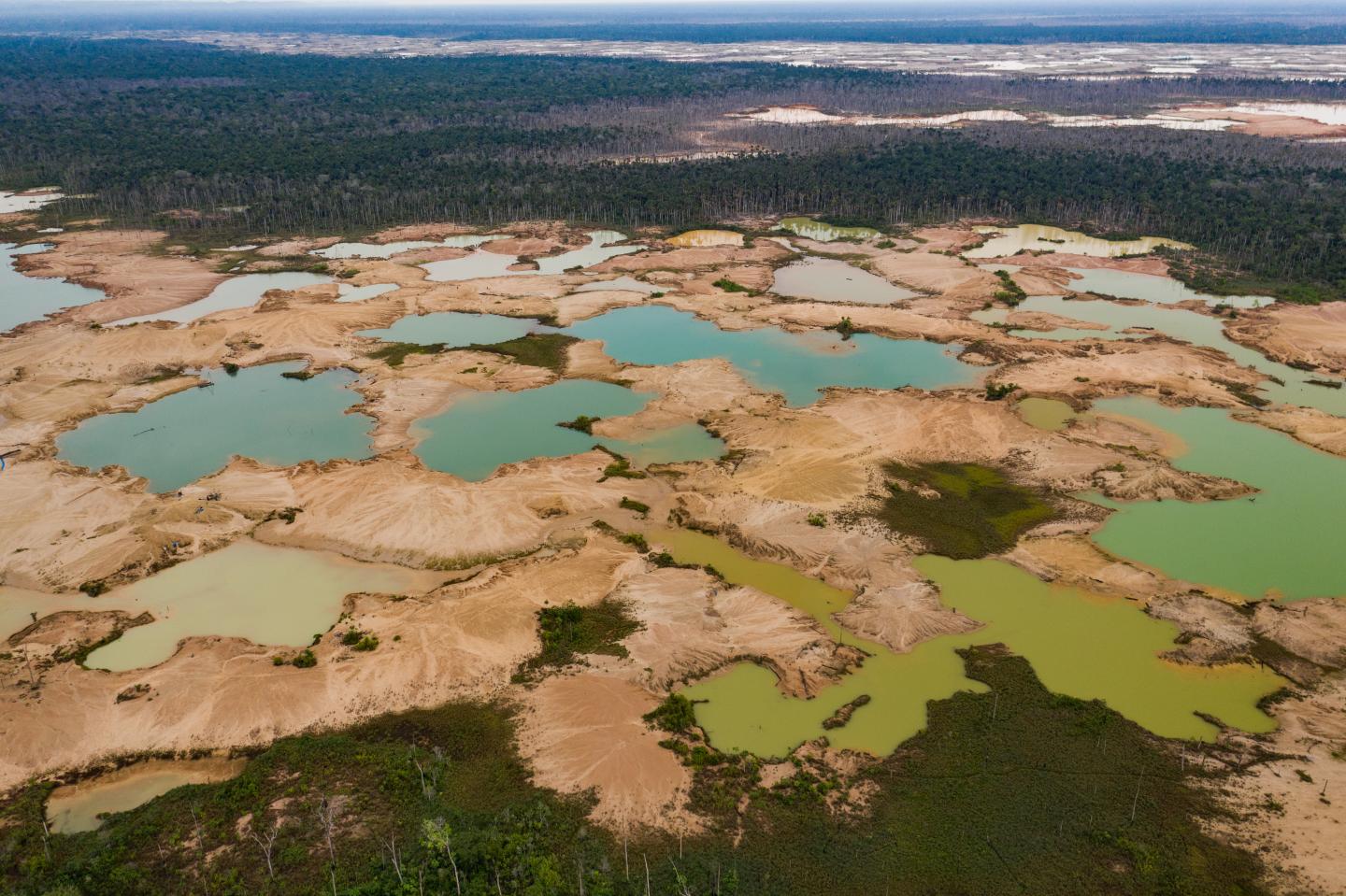 Mining ponds in the La Pampa region of Madre de Dios, Peru.