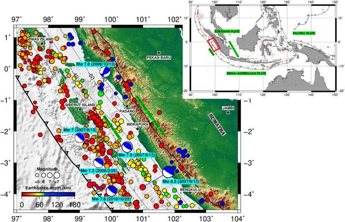 Tectonic activity over 20 years from Global Centroid Moment Tensor (GCMT) in Sumatra.