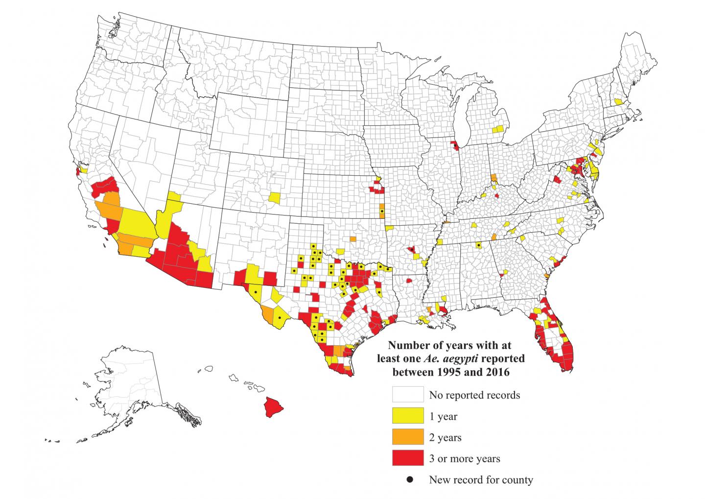 Number of Years with at Least One <i>Aedes aegypt</i> Reported Between 1995 and 2016
