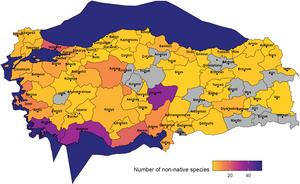Number of established species in each administrative area of Türkiye based on GBIF