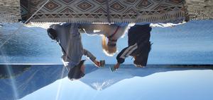 Family camping with dog