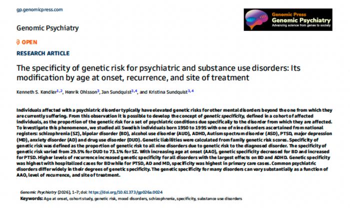 The specificity of genetic risk for psychiatric and substance use disorders: Its modification by age at onset, recurrence, and site of treatment