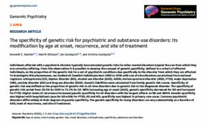 The specificity of genetic risk for psychiatric and substance use disorders: Its modification by age at onset, recurrence, and site of treatment