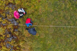 Drone image of the research team in an Arctic peatland