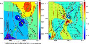 (a) Distribution map of the contour lines of the apparent Poisson's ratio field. Points A and B are local minima, while points C, D, and E are local maxima. Line a is the fitting line through the local minima, and line b is the fitting line through the lo