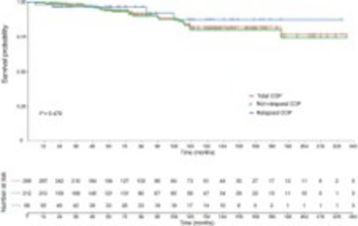 Kaplan–Meier curves showing the survival probability of patients with COP. COP: cryptogenic organizing pneumonia